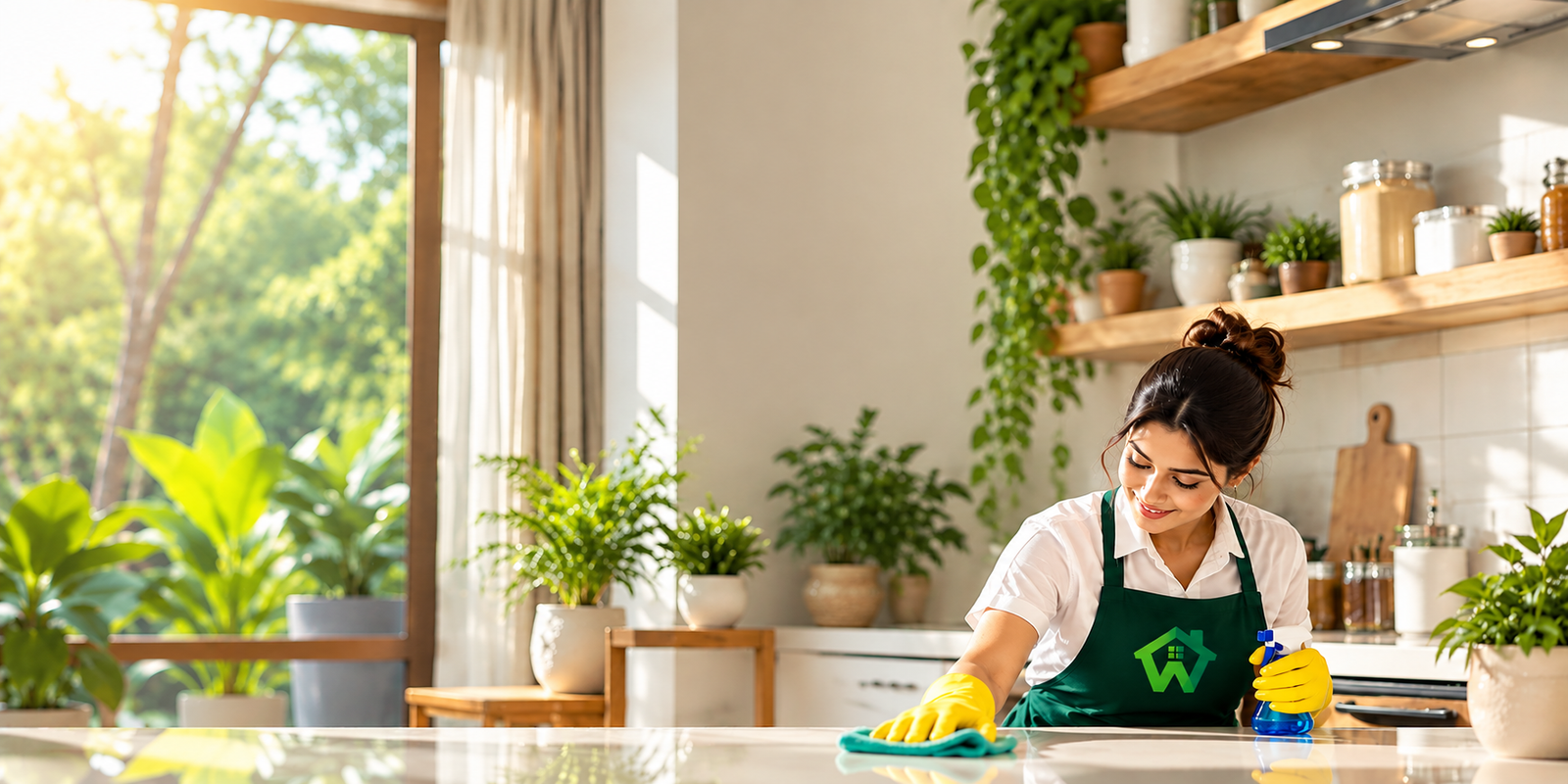 Worbour professional cleaning a sunny kitchen